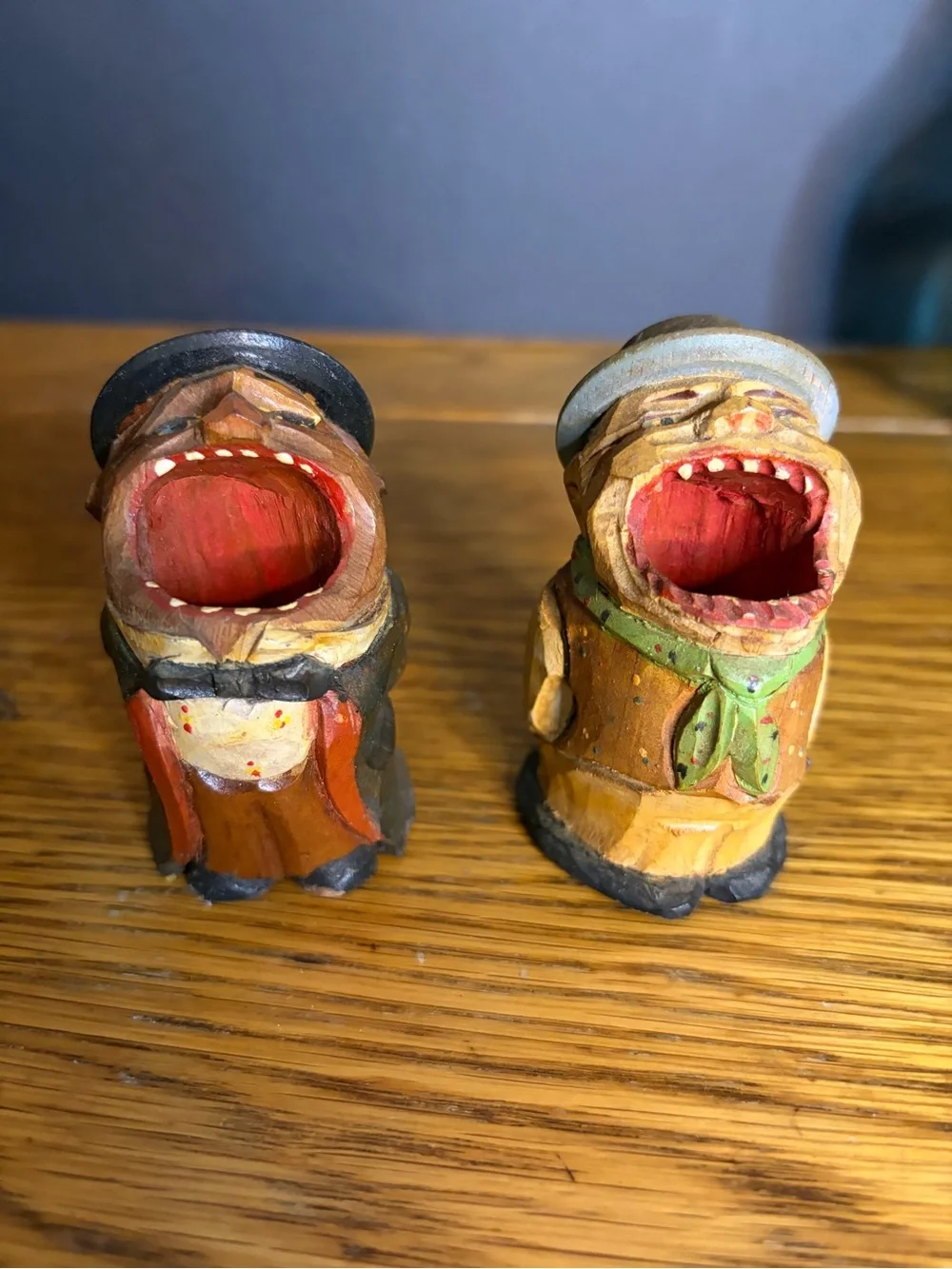 Vintage ANRI Style Carved Wood Big Mouth Toothpick Match Holder Set